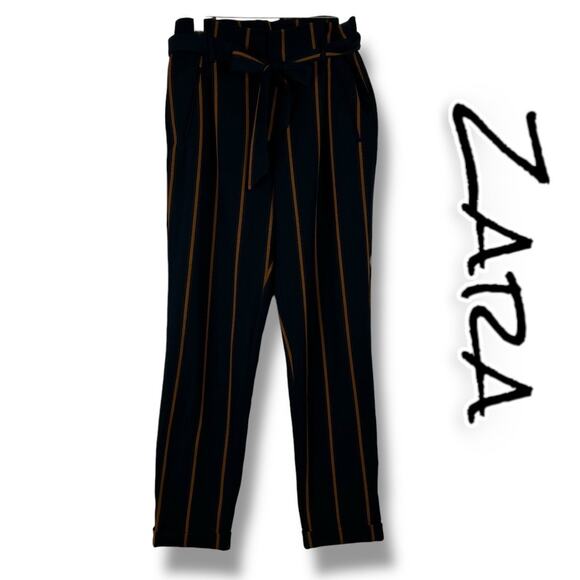 Zara Paperbag Waist Striped Pants High Waist Trousers Career Office Womens Sz XS - Picture 1 of 10